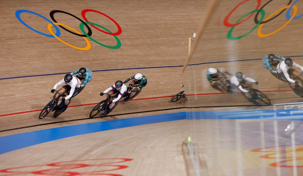 Hong Kong's Sarah Lee Wai-sze (second from left) in the first-round heats in the keirin event at the Izu Velodrome. Photo: AFP