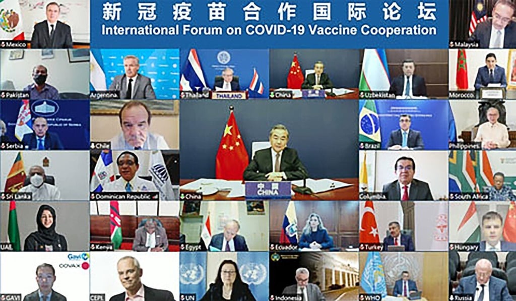 China’s foreign minister Wang Yi addressing the international forum on Thursday. Photo: Handout China’s foreign minister Wang Yi addressing the international forum on Thursday. Photo: Handout