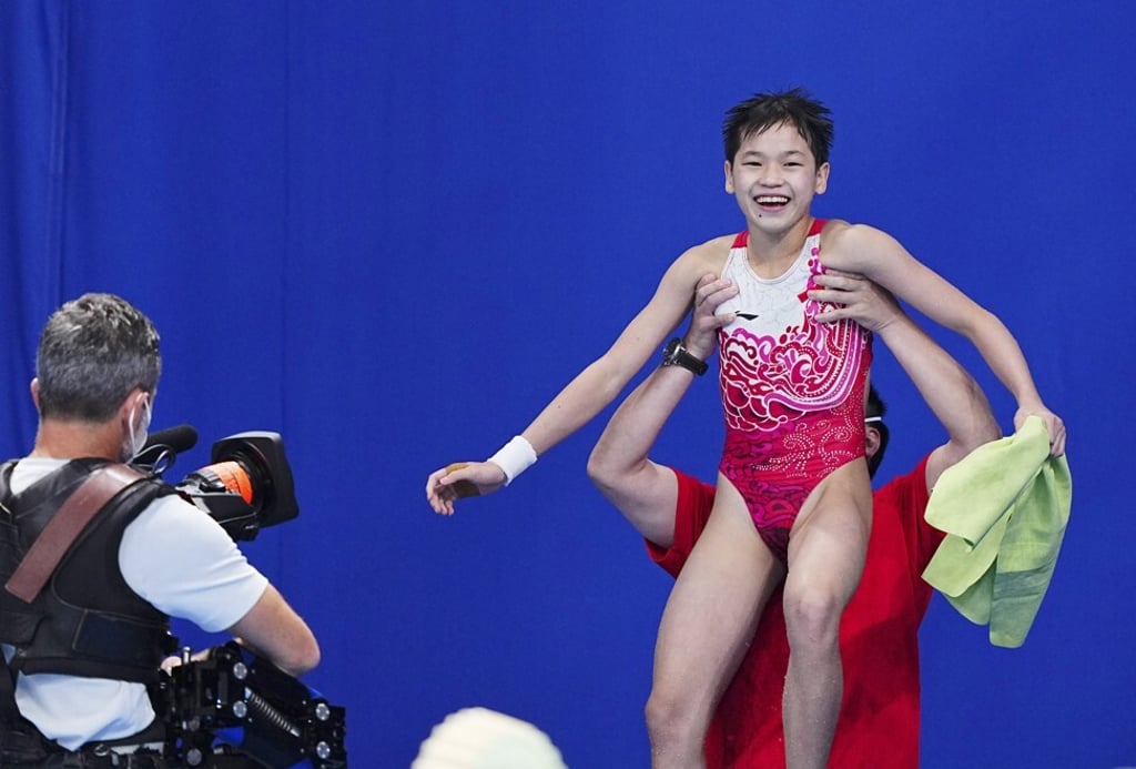 Quan Hongchan celebrates after winning the women's 10m platform final. Photo: Xinhua Quan Hongchan celebrates after winning the women's 10m platform final. Photo: Xinhua