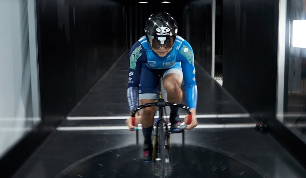 Cyclist Sarah Lee tests her low-drag suit in the wind tunnel at Hong Kong University of Science and Technology. Photo: Handout