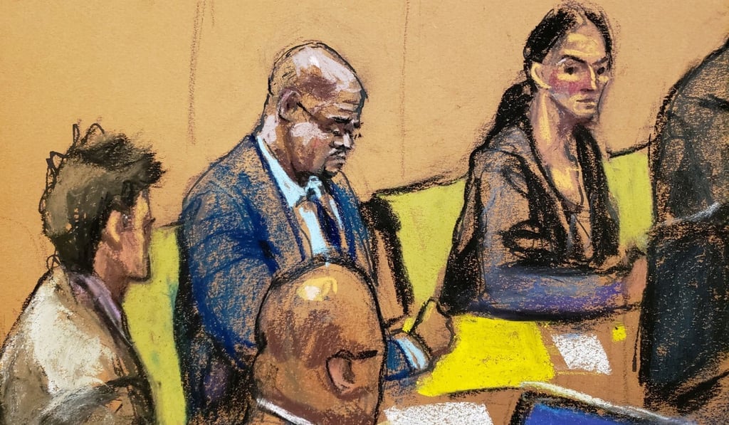 A courtroom sketch shows R. Kelly sitting alongside his defence team as jury selection begins in Brooklyn, New York, on Monday. Image: Reuters