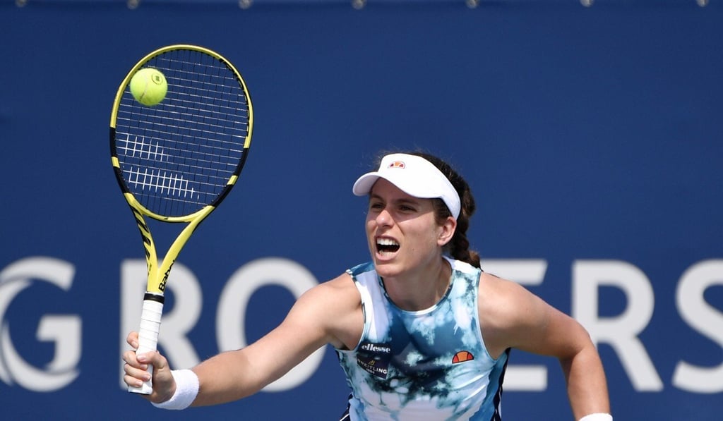 Johanna Konta of Great Britain hits a shot against Zhang Shuai of China during the first round of the National Bank Open in Montreal. Photo: USA Today Sports
