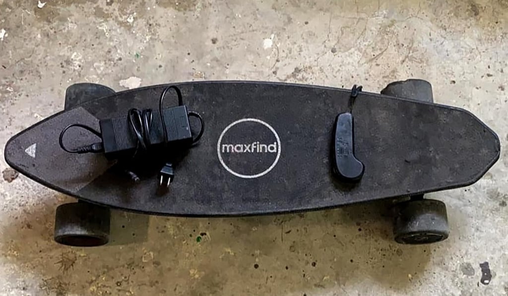 An electric skateboard seized during the man’s arrest on Monday. Photo: Handout