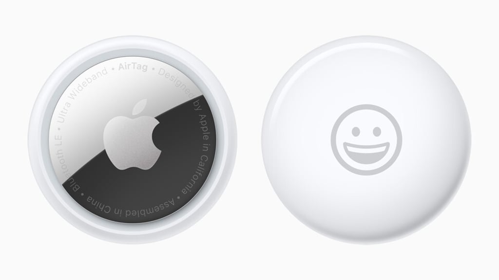 Apple’s AirTag is seen with an engraved emoji on the back of the device. Photo: Handout