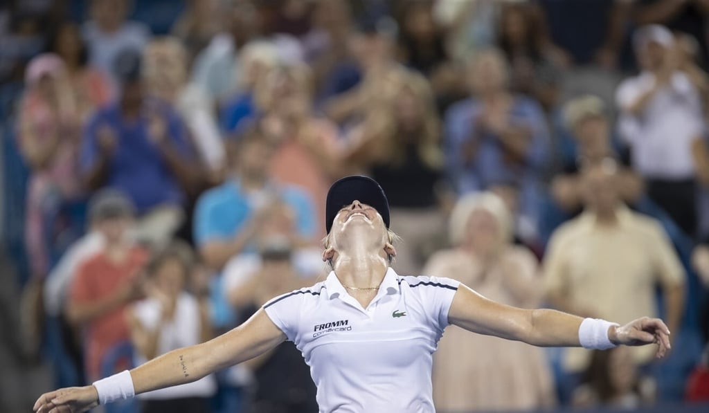 Jil Teichmann celebrates after beating the world No 2 and defending US Open champion in Cincinnati. Jil Teichmann celebrates after beating the world No 2 and defending US Open champion in Cincinnati.