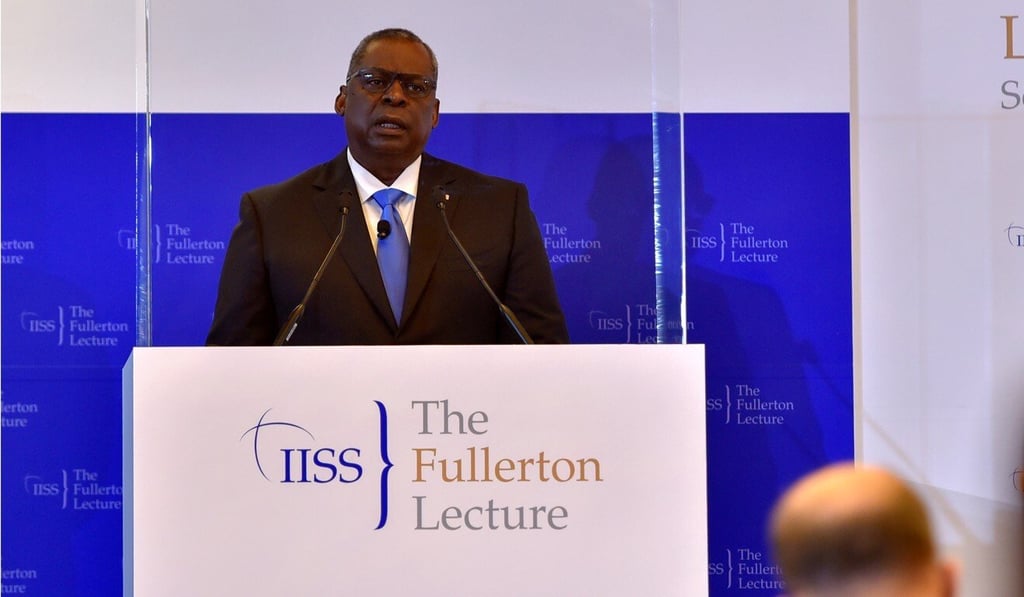 US Defence Secretary Lloyd Austin speaks at the IISS Fullerton Lecture in Singapore on July 27, 2021. Photo: Reuters