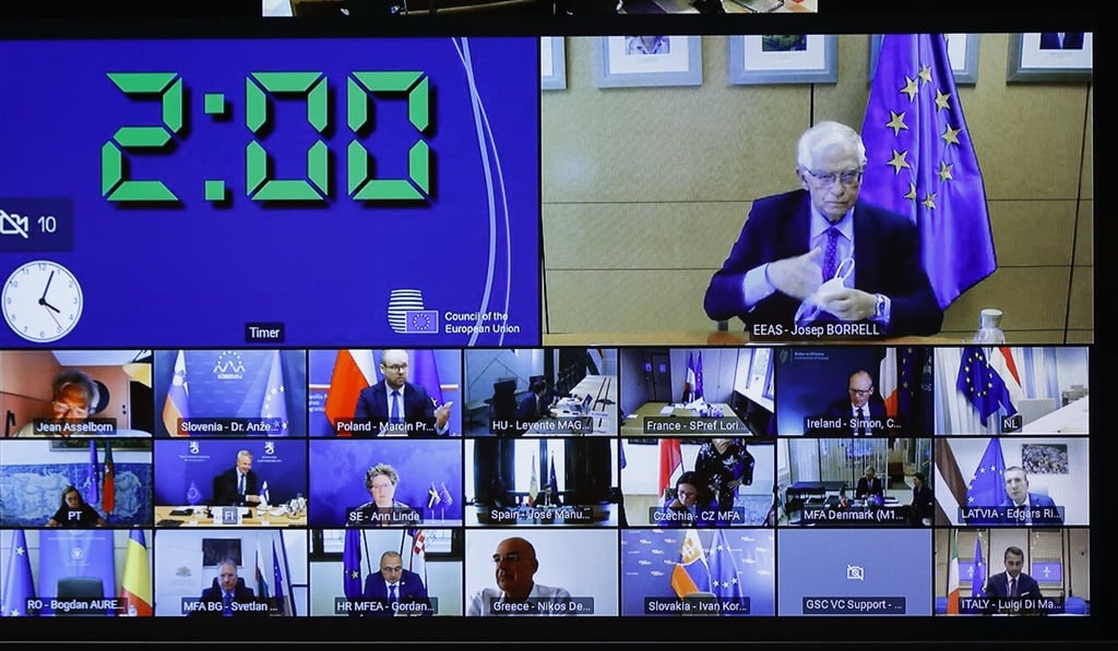 European Union foreign policy chief Josep Borrell (top right) speaking with EU foreign ministers and representatives in Brussels on Tuesday. Photo: AP
