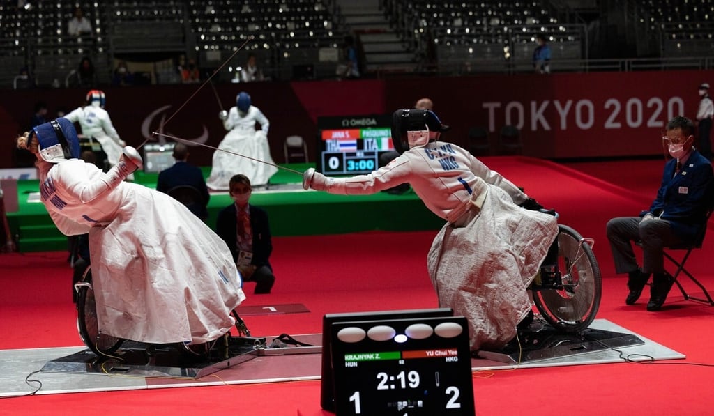 Hong Kong’s Alison Yu Chui-yee in the women’s individual épée category A group game at the Tokyo 2020 Paralympic Games in the Makuhari Messe Hall in Japan. Photo: Hong Kong Paralympic Committee