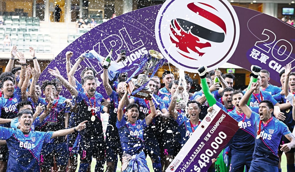 Kitchee players celebrate winning the 2021 BOC Premier League at Hong Kong Stadium. Photo: K.Y. Cheng