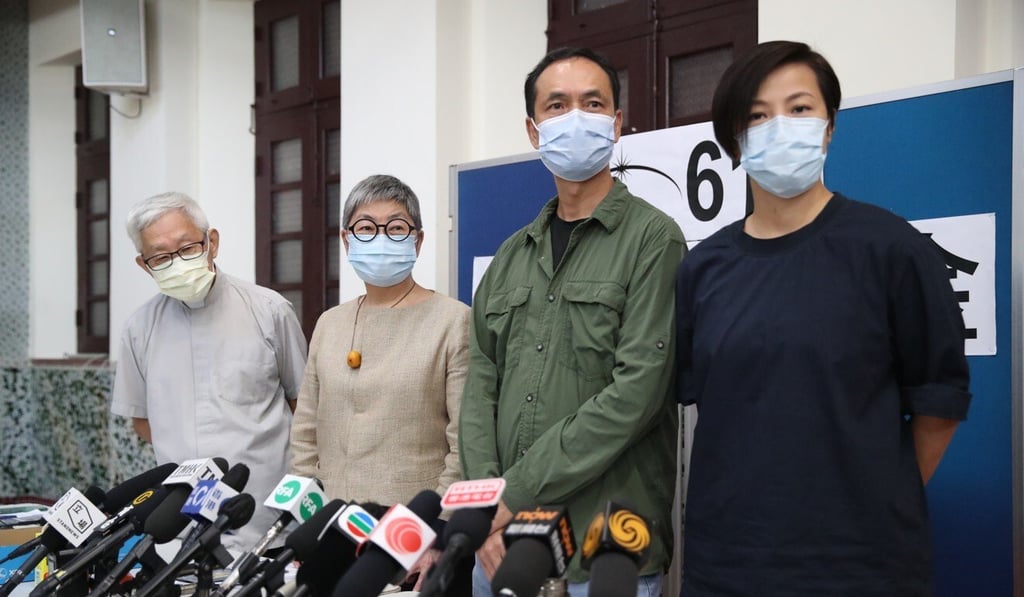 (From left) Cardinal Joseph Zen, Margaret Ng, Hui Po-keung and Denise Ho of the 612 Humanitarian Relief Fund. Photo: Edmond So