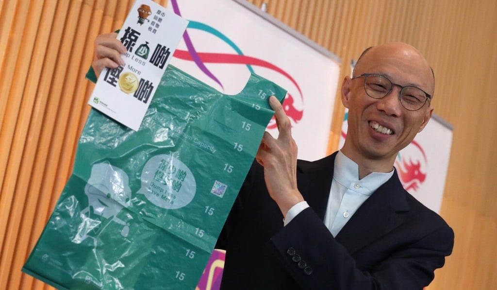 Environment minister Wong Kam-sing with the designated bags for rubbish disposal. Photo: Nora Tam Environment minister Wong Kam-sing with the designated bags for rubbish disposal. Photo: Nora Tam
