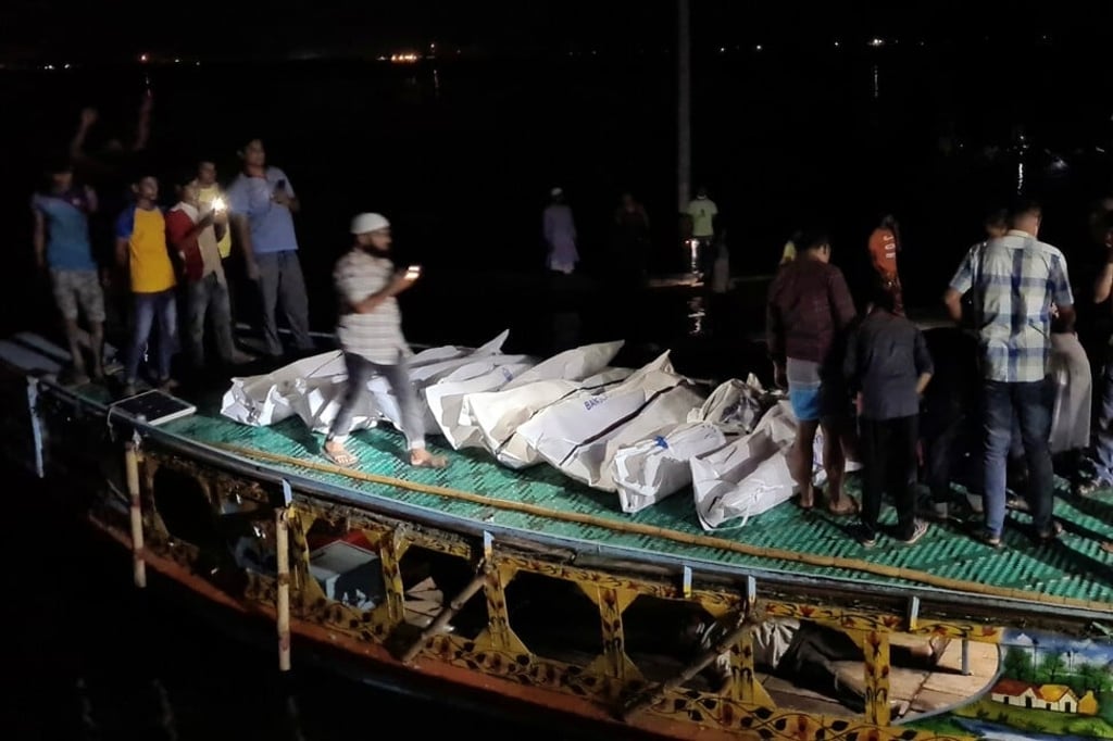 Bodies recovered after a boat packed with passengers slammed into another vessel in Brahmanbaria, Bangladesh on Friday. Photo: Reuters