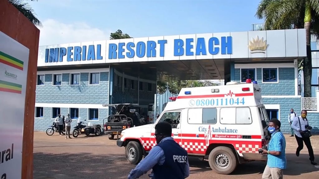 Police and ambulance following buses with Afghan evacuees arriving in Kampala, Uganda on Wednesday. Photo: EPA-EFE