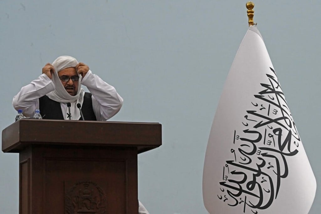 The Taliban’s acting Higher Education Minister Abdul Baqi Haqqani speaks during a meeting on higher education policies at the Loya Jirga Hall in Kabul on Sunday. Photo: AFP