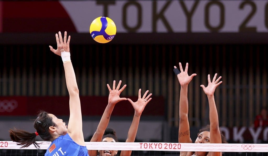 Zhu spikes during the women's volleyball match between China and the United States at the Tokyo 2020 Olympic Games. Photo: Xinhua Zhu spikes during the women's volleyball match between China and the United States at the Tokyo 2020 Olympic Games. Photo: Xinhua