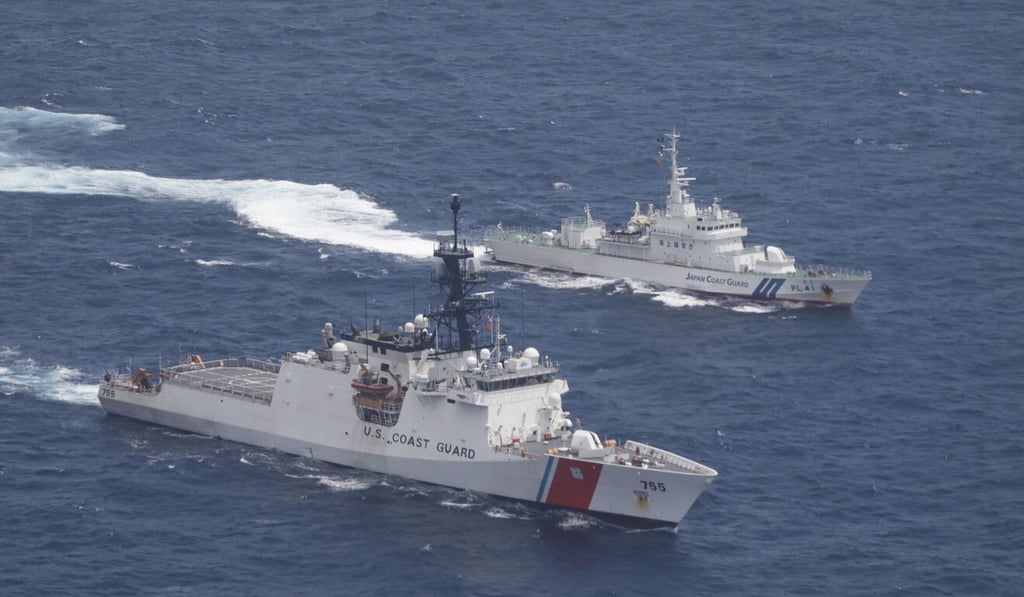 US and Japanese coastguard vessels pictured patrolling together in the East China Sea earlier this month. Photo: US coastguard via AP