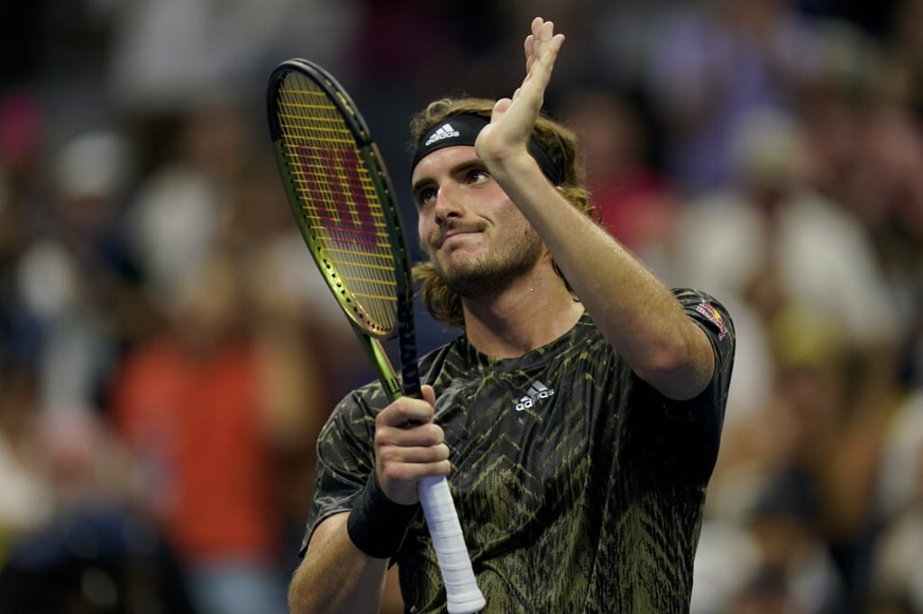 Stefanos Tsitsipas reacts after defeating Andy Murray during the first round of the US Open tennis championships in New York on Monday. Photo: AP