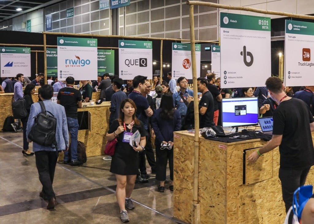 Exhibitors attend the RISE tech conference 2019 at the Hong Kong Convention and Exhibition Centre. Photo: K.Y. Cheng Exhibitors attend the RISE tech conference 2019 at the Hong Kong Convention and Exhibition Centre. Photo: K.Y. Cheng