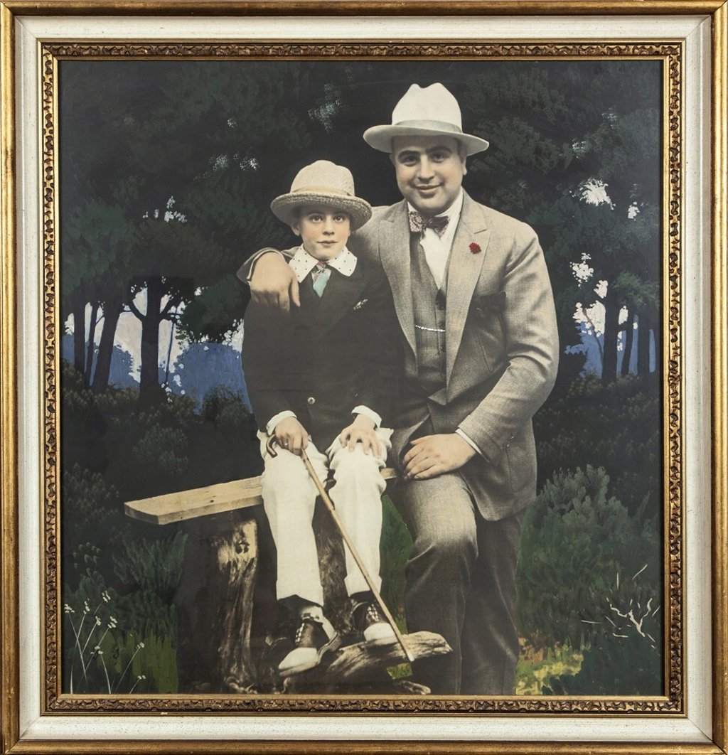 A hand-painted print of a photo of Al Capone and his son, Sonny Capone is up for auction with the rest of Capone's estate. Photo: Witherell's / Chicago Tribune / TNS A hand-painted print of a photo of Al Capone and his son, Sonny Capone is up for auction with the rest of Capone's estate. Photo: Witherell's / Chicago Tribune / TNS