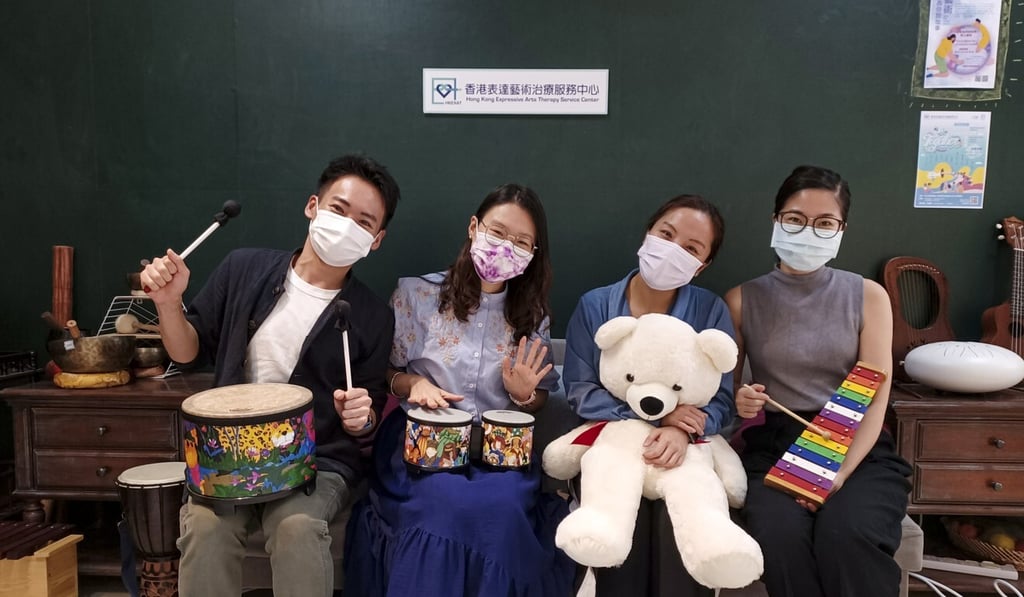 Hong Kong Expressive Arts Therapy Service Centre's art therapists (from left to right) Keith Chow, Janet Li, Canna Tang, Zoe So. Photo: Yvette Homerlein Hong Kong Expressive Arts Therapy Service Centre's art therapists (from left to right) Keith Chow, Janet Li, Canna Tang, Zoe So. Photo: Yvette Homerlein