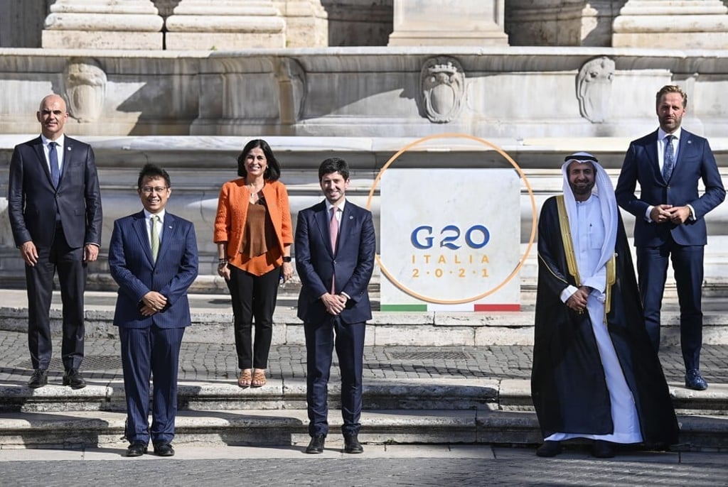 Italy’s health minister Roberto Speranza, centre, with some of the other ministers who took part in the G20 Health Ministers' Meeting in Rome, Italy on Sunday. Photo: EPA-EFE
