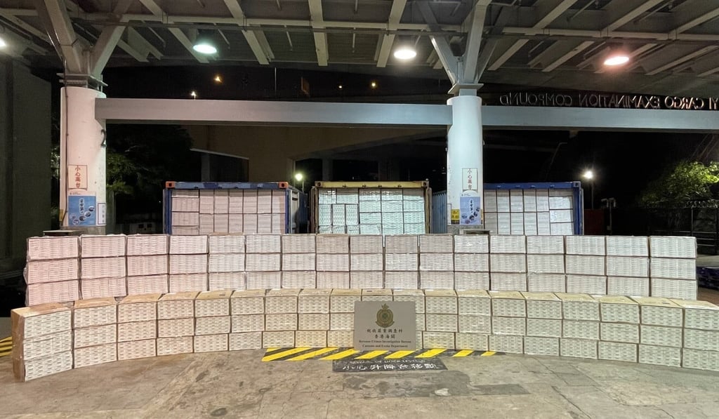 Customs officers seized about 17 million black-market cigarettes with an estimated market value of about HK$48 million on Monday. Photo: Handout Customs officers seized about 17 million black-market cigarettes with an estimated market value of about HK$48 million on Monday. Photo: Handout