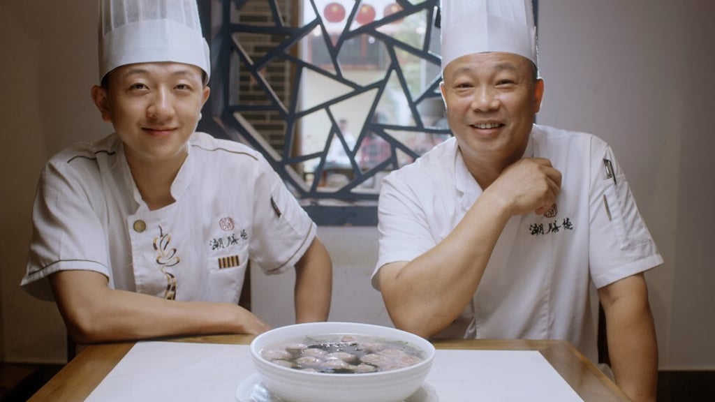 Xu (right) is teaching his apprentice, Chen Youtian, the methods of Chaozhou cooking as part of Guangdong province’s Cantonese cuisine chef training programme.