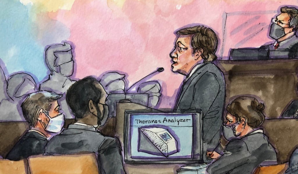 The prosecution present their opening arguments as Theranos founder Elizabeth Holmes appears at her trial in San Jose, California, on Wednesday. Courtroom sketch: Vicki Behringer via Reuters The prosecution present their opening arguments as Theranos founder Elizabeth Holmes appears at her trial in San Jose, California, on Wednesday. Courtroom sketch: Vicki Behringer via Reuters