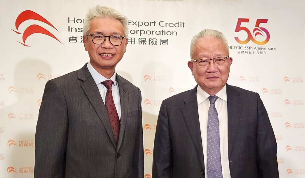 (From left) Hong Kong Export Credit Insurance Corporation commissioner Terence Chiu and chairman Dennis Ng at a media briefing on Thursday. Photo: Enoch Yiu