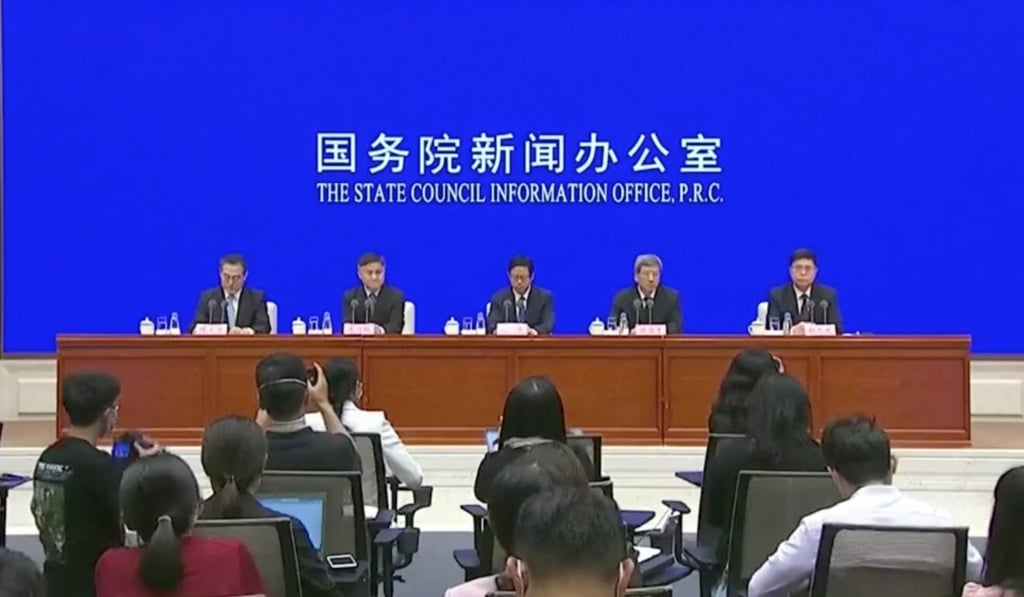 Senior Beijing officials are joined by representatives from across the Greater Bay Area for a rare joint press conference on Thursday. Photo: RTHK