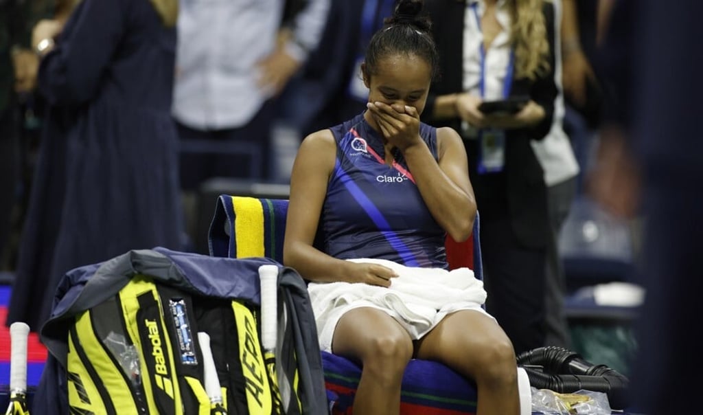 An emotional Leylah Fernandez reacts after defeating Aryna Sabalenka.