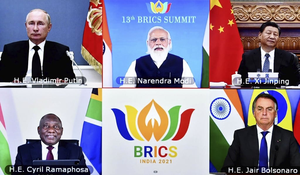 Leaders of the BRICS nations Russian President Vladimir Putin, Indian Prime Minister Narendra Modi, Chinese President Xi Jinping, South African President Cyril Ramaphosa and Brazilian President Jair Bolsonaro during a video conference on Thursday. Photo: India’s Press Information Bureau via AP Leaders of the BRICS nations Russian President Vladimir Putin, Indian Prime Minister Narendra Modi, Chinese President Xi Jinping, South African President Cyril Ramaphosa and Brazilian President Jair Bolsonaro during a video conference on Thursday. Photo: India’s Press Information Bureau via AP