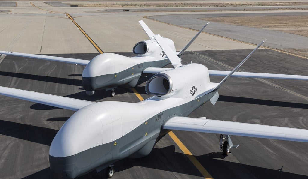 Two Northrop Grumman MQ-4C Triton drones were temporarily relocated from the US military base in Guam to Japan in May. Photo: Handout Two Northrop Grumman MQ-4C Triton drones were temporarily relocated from the US military base in Guam to Japan in May. Photo: Handout