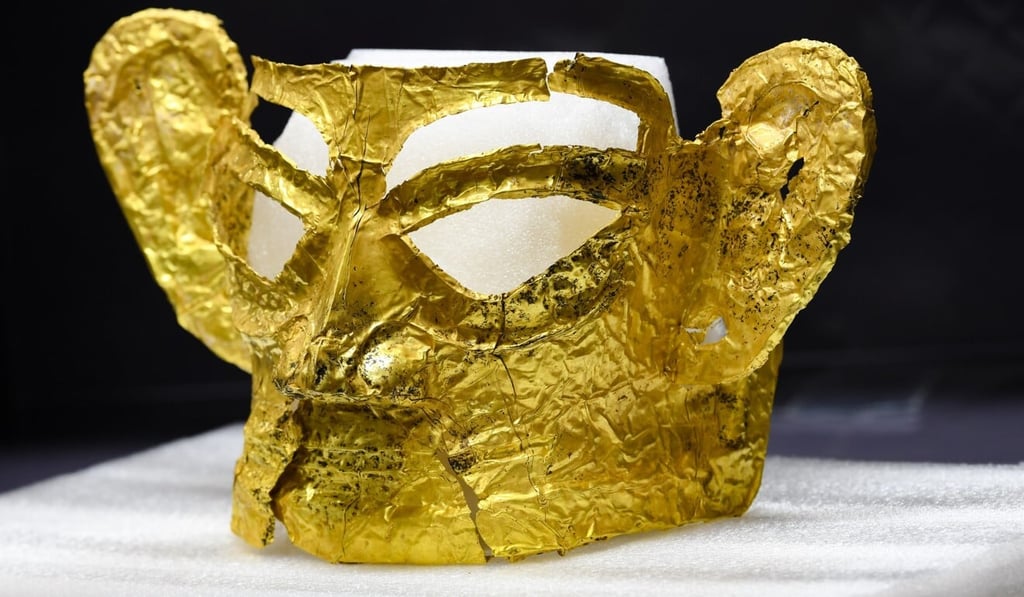 A well preserved gold mask was the pièce de résistance of the recent announcement at Sanxingdui. Photo: Xinhua A well preserved gold mask was the pièce de résistance of the recent announcement at Sanxingdui. Photo: Xinhua