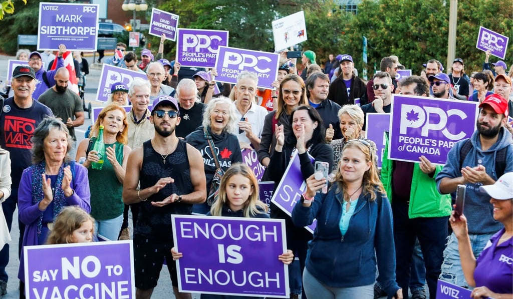 People's Party of Canada (PPC) supporters protest on Thursday after leader Maxime Bernier was not invited to the two federal election debates. Photo: Reuters