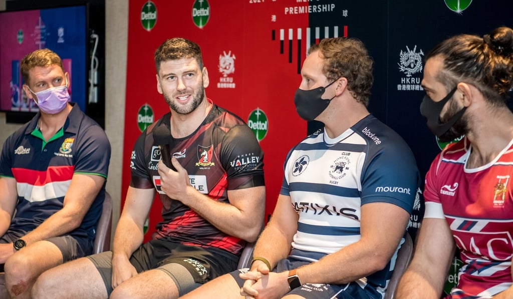 Valley captain Sion Bennett (second from left) speaks at the HKRU Dettol Premiership 2021-2022 season launch at the Hong Kong Football Club in September. Photo: Ike Images Valley captain Sion Bennett (second from left) speaks at the HKRU Dettol Premiership 2021-2022 season launch at the Hong Kong Football Club in September. Photo: Ike Images