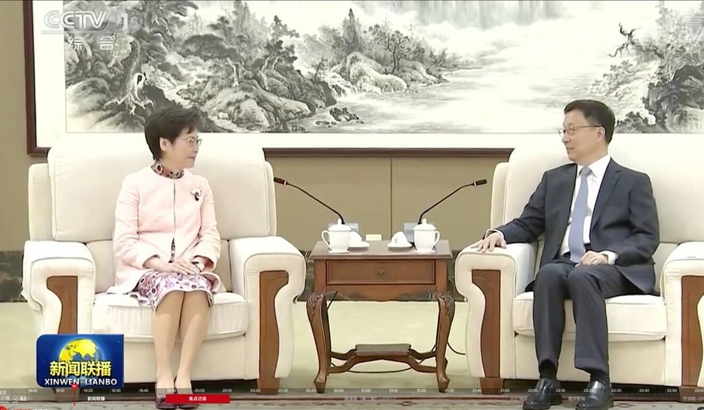 Zheng meeting with Hong Kong Chief Executive Carrie Lam Cheng Yuet-ngor in Shenzhen recently to discuss the upcoming elections. Photo: CCTV Zheng meeting with Hong Kong Chief Executive Carrie Lam Cheng Yuet-ngor in Shenzhen recently to discuss the upcoming elections. Photo: CCTV