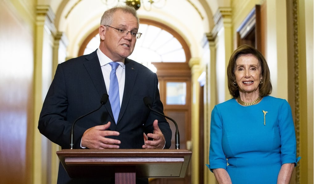 Australian Prime Minister Scott Morrison speaks at a joint press conference with US Speaker of the House Nancy Pelosi in Washington on Wednesday. Photo: EPA-EFE