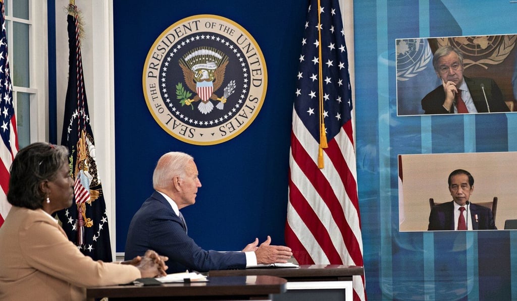 US President Joe Biden (with Linda Thomas-Greenfield, US ambassador to the United Nations) speaks during a virtual Covid-19 Summit on the sidelines of the United Nations General Assembly on Wednesday. Photo: Bloomberg