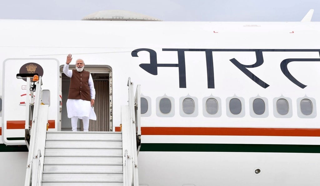 Indian Prime Minister Narendra Modi waves as he leaves New Delhi for the US on Wednesday. Photo: Indian Press Information Bureau via EPA-EFE Indian Prime Minister Narendra Modi waves as he leaves New Delhi for the US on Wednesday. Photo: Indian Press Information Bureau via EPA-EFE