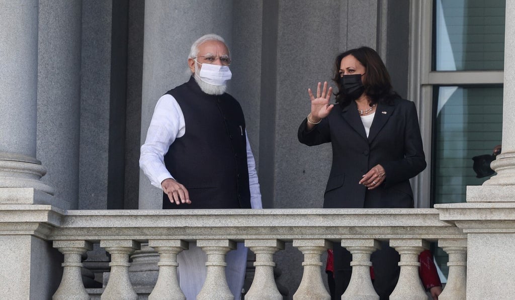 India's Prime Minister Narendra Modi and US Vice-President Kamala Harris are pictured on the balcony of the Eisenhower Executive Office Building in Washington. Photo: Reuters
