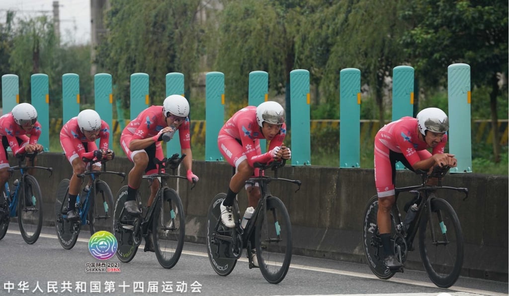 Leung Chun-wing leads the Hong Kong men's time trial team in the 2021 National Games. Photo: Handout Leung Chun-wing leads the Hong Kong men's time trial team in the 2021 National Games. Photo: Handout