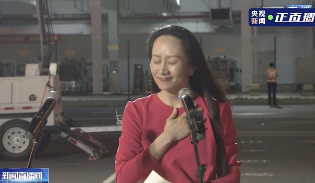 Meng Wanzhou’s first words were: ‘Finally, I am home.’ Photo: CCTV