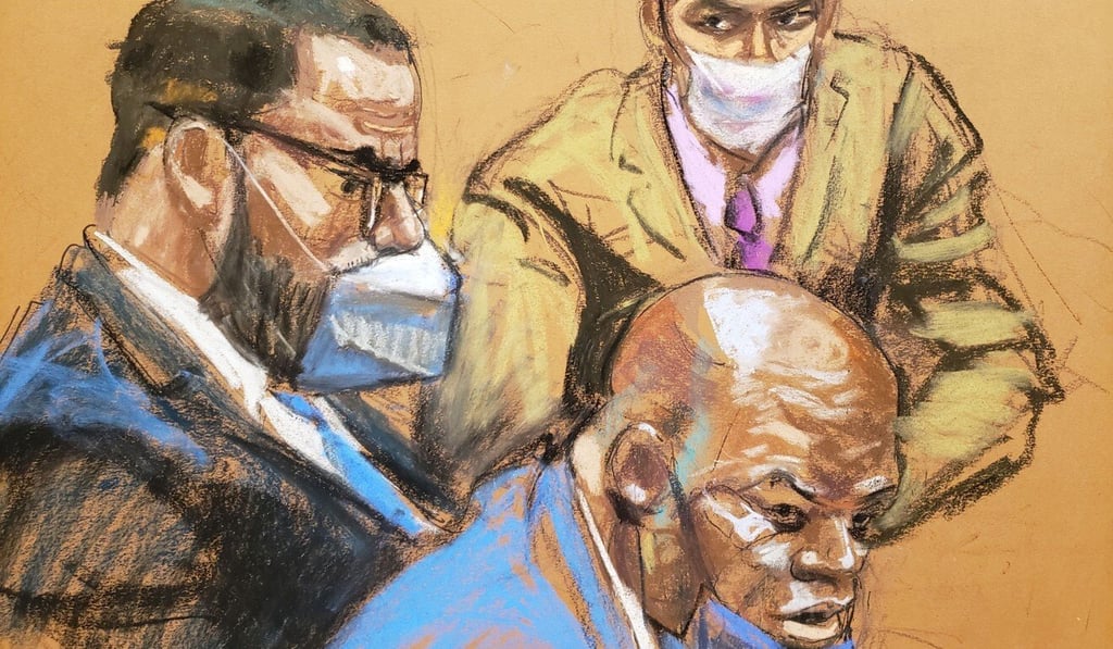 R. Kelly sits with his lawyers Calvin Scholar and Thomas Farinella as the jury deliberates at Brooklyn’s Federal District Court. Courtroom sketch: Jane Rosenberg via Reuters R. Kelly sits with his lawyers Calvin Scholar and Thomas Farinella as the jury deliberates at Brooklyn’s Federal District Court. Courtroom sketch: Jane Rosenberg via Reuters