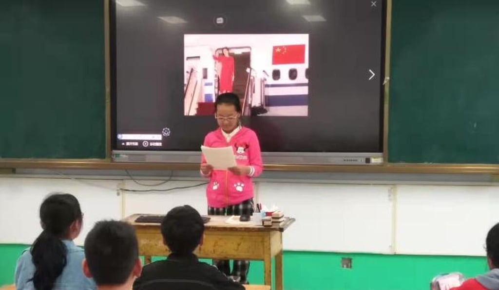 A student recites her telling of the Meng case in front of her peers on Sunday. Photo: Weibo A student recites her telling of the Meng case in front of her peers on Sunday. Photo: Weibo