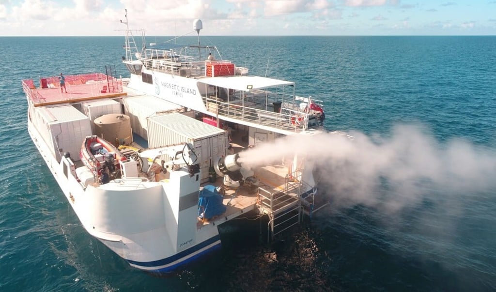 A sprayer jet at Broadhurst Reef on the Great Barrier Reef. Photo: Southern Cross University via Reuters