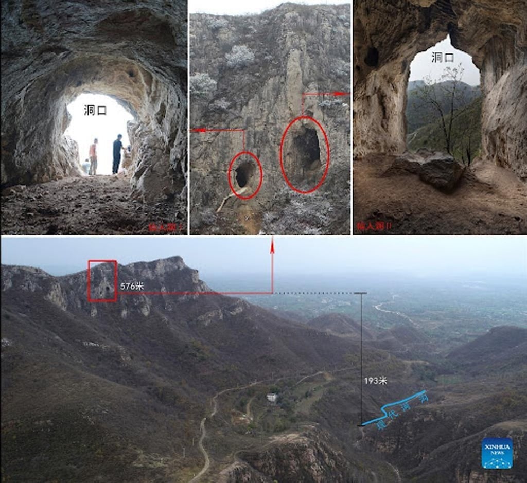 A composition of images show the two caves where scientists discovered the ancient skulls. Photo: Xinhua