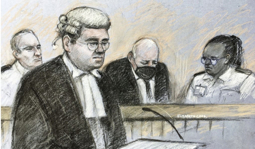Prosecutor Tom Little, QC speaks as former Metropolitan Police officer Wayne Couzens (second from right), sits in the dock at the Old Bailey in London on Wednesday. Court artist sketch: Elizabeth Cook via AP Prosecutor Tom Little, QC speaks as former Metropolitan Police officer Wayne Couzens (second from right), sits in the dock at the Old Bailey in London on Wednesday. Court artist sketch: Elizabeth Cook via AP