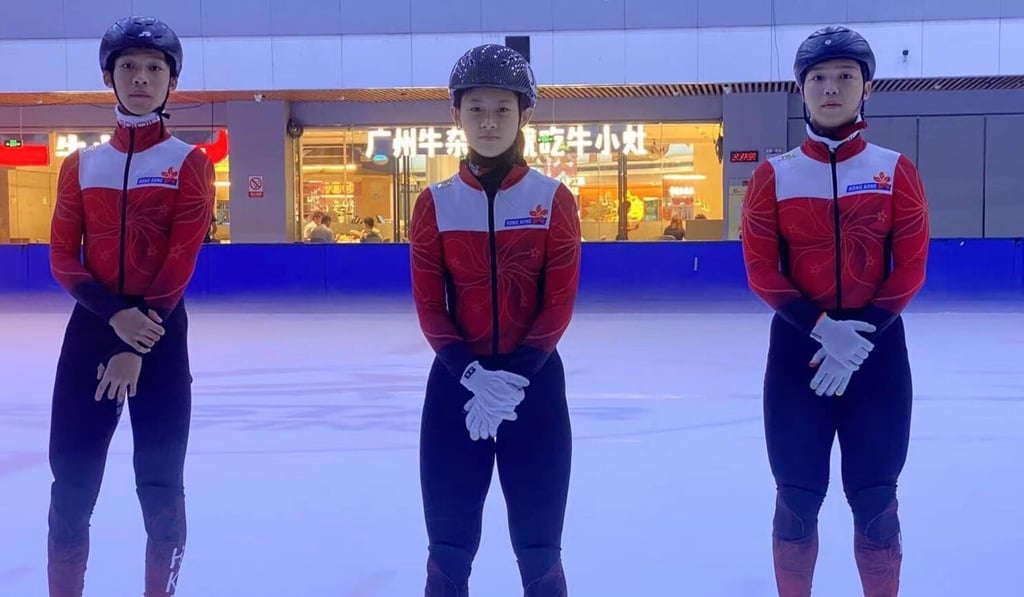 Hong Kong’s short track speed skaters (from left) Kwok Tsz-fung, Lam Ching-yan and Kwok Tsz-ho during their final preparations for the 2022 Olympic qualifiers in Dongguan, China. Photo: Skating Union Hong Kong’s short track speed skaters (from left) Kwok Tsz-fung, Lam Ching-yan and Kwok Tsz-ho during their final preparations for the 2022 Olympic qualifiers in Dongguan, China. Photo: Skating Union