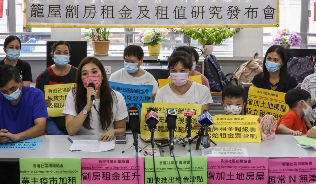 SoCO deputy director Sze Lai-shan (centre) and community organiser Angela Lui (with microphone) speak at a press conference on Sunday. Photo: Jonathan Wong
